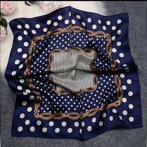 Women Silky Scarf Square Chain Print Polka Dot Navy Blue Head Scarf Satin Shawl